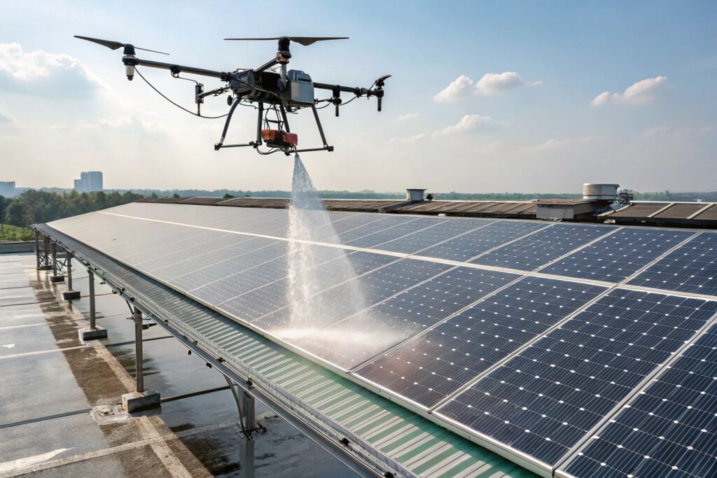 无人机清洗光伏板作业中